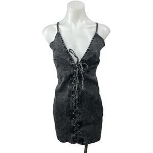 Women's Black Washed Sleeveless V Neck Lace Up Denim Jean Mini Bodycon Dress M